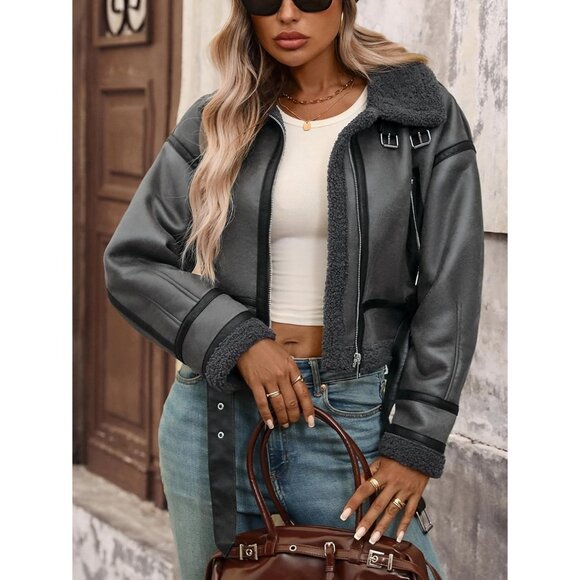Women Faux Lamb Fur Leather Short Jacket Lapel Zipper Bomber Aviator Coat Grey - Picture 5 of 9